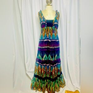 Boho Chic Maxi Dress with Crochet Detail and Frilly Sleeves - Size Large